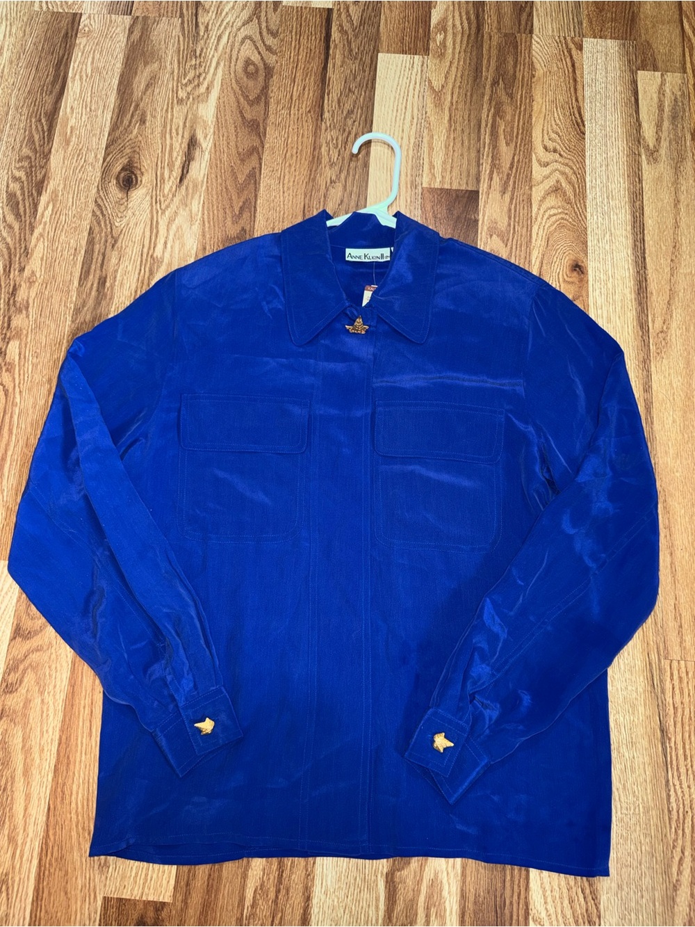 Anne Klein II Royal Blue Silk Blouse Gold Hardware Chest Pocket Button Front XS